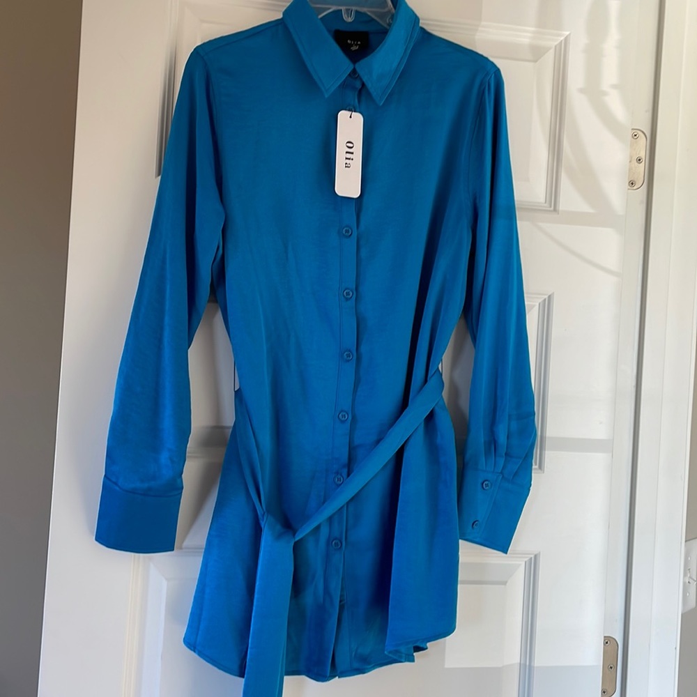 NWT Olia Blue Tie Waist Button Up Shirt Mini Dress Size Large